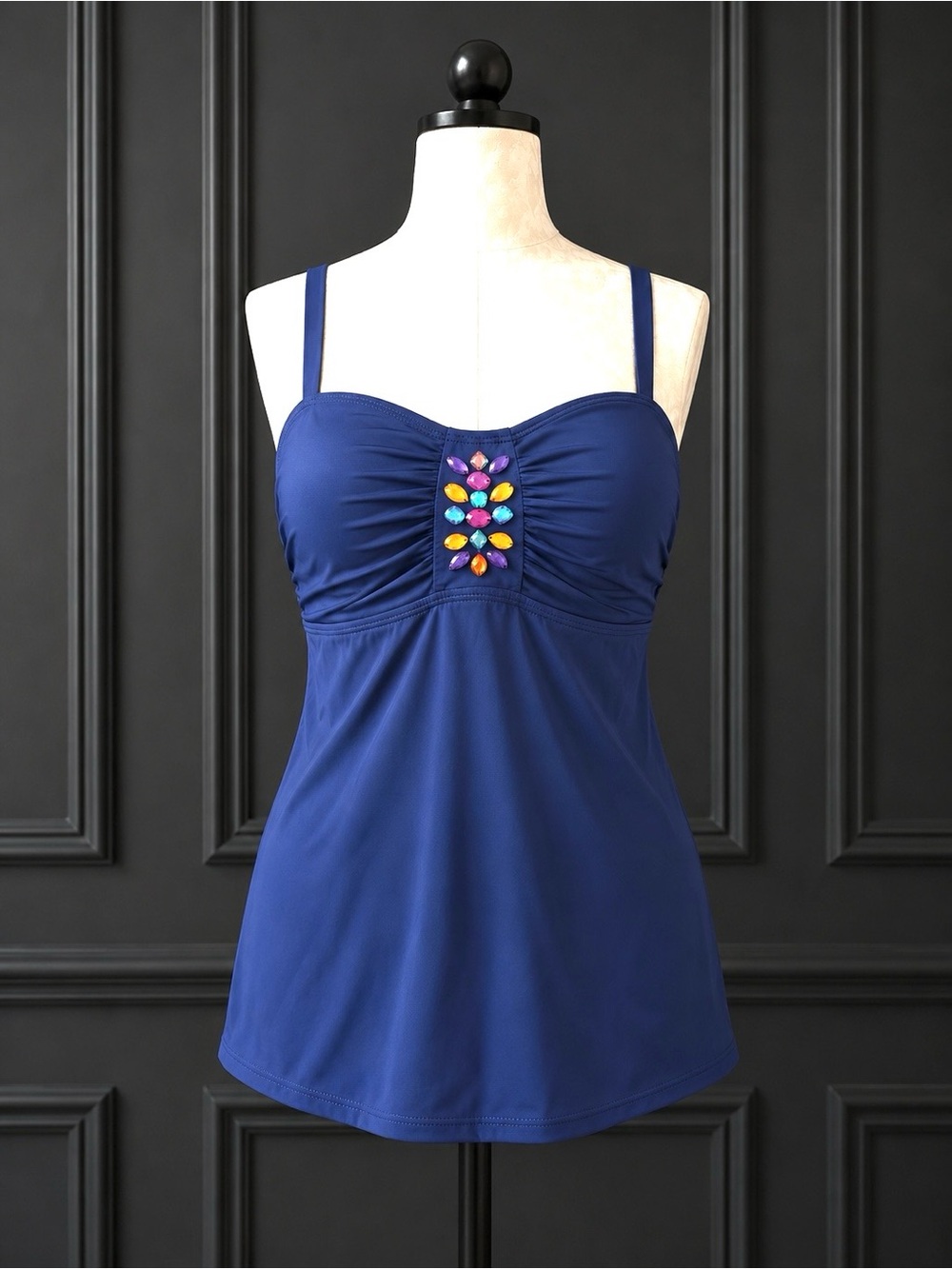 Navy Blue Jeweled Tankini Top